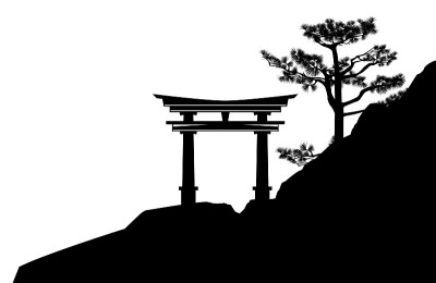 黑色和白色矢量剪影背景的日本鸟居门在石松悬崖