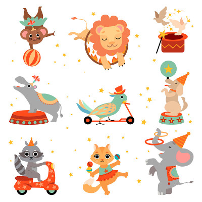 Cute Funny Animals Performing in Circus Show Set, 