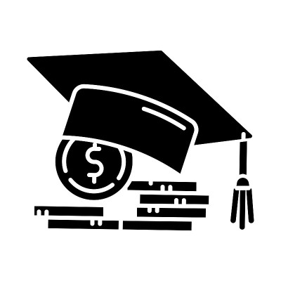 学生贷款字形图标。贷款支付大学教育。学费。大学奖学金。毕业帽，硬币堆。轮廓的象征。负空间。向量孤立的