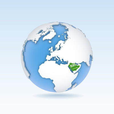 沙特阿拉伯-国家地图和旗帜位于全球，世界地图。