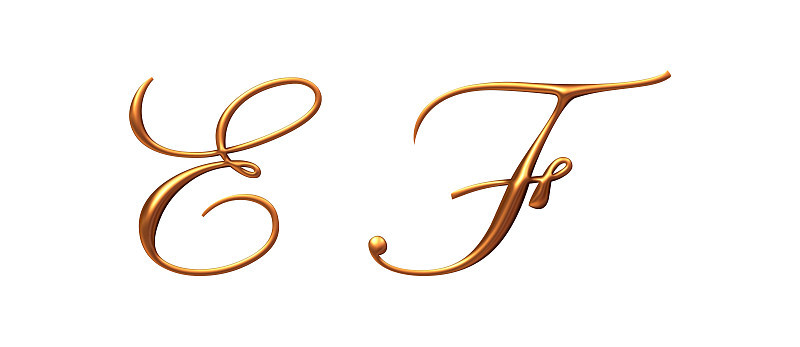 3d字母表，黄金大写字母E F, 3d插图