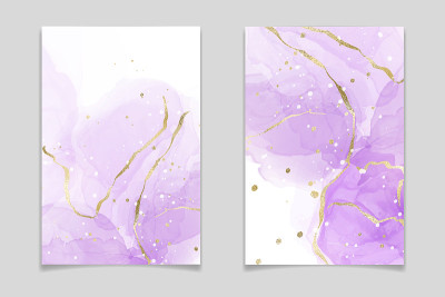 紫色淡紫色液体水彩背景与黄金线。粉彩紫大理石醇墨绘画效果。矢量插图设计模板的婚礼邀请，菜单，回复