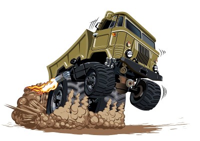 卡通4x4肌肉卡车隔离在白色背景。