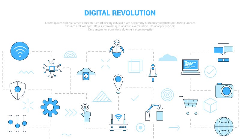 数字革命概念与图标集模板旗帜与现代蓝色风格