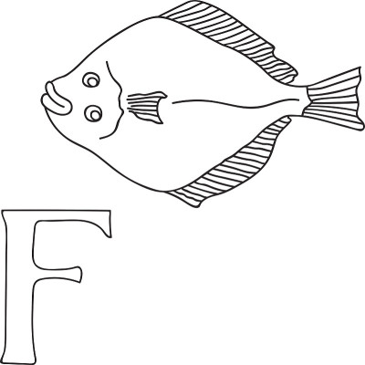 矢量手绘插图大写字母F在字母表卡片上。黑白现实比目鱼孤立。儿童ABC，学校教育。着色页面