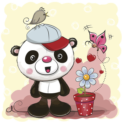 可爱的卡通熊猫和花