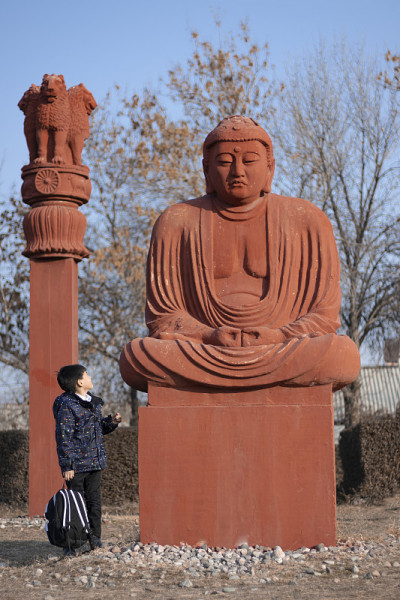 一个男孩正在看佛像。