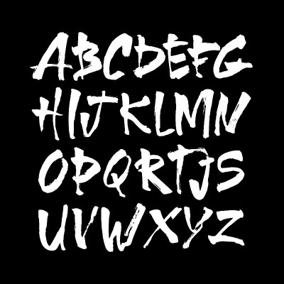 矢量丙烯酸笔刷风格手绘字母字体。黑色背景上的书法字母