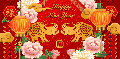 2021年新春快乐，牛年赈灾花灯云鞭炮。中文翻译:牛