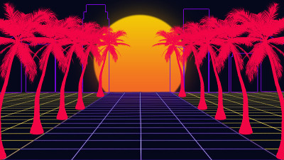 美丽的海滩夜晚，日落，合成波和复古波，蒸汽波未来美学