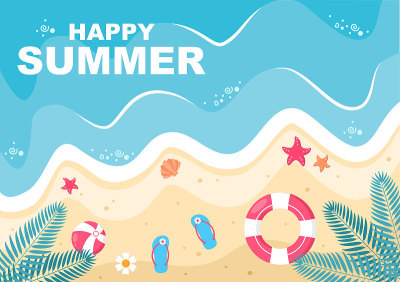 快乐的夏天时间在海滩海边矢量插图背景，壁纸或横幅