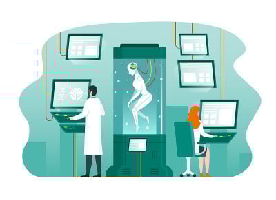 在科学实验室与科学家在计算机上工作的人形机器人。人工智能技术概念
