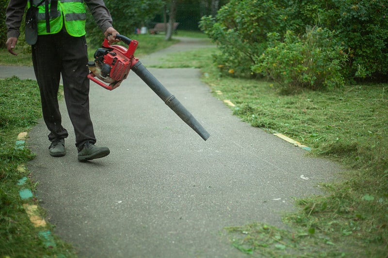 The gardener uses a blower to remove the dry grass