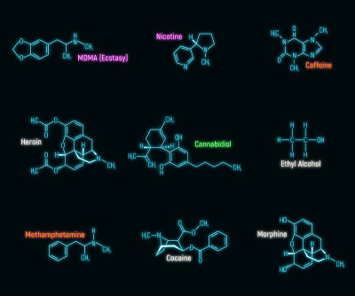 一套辉光霓虹灯风格概念9麻醉化学公式图标标签，文本字体矢量插图，隔离在墙壁背景。周期元素表。