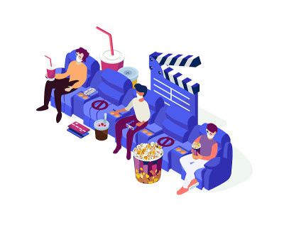 等距电影插图。戴医用口罩和有隔离限制的人