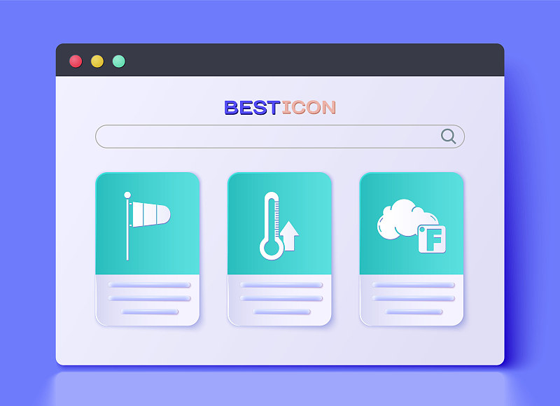 设置温度计，锥形气象风向标和华氏温度和云图标。向量
