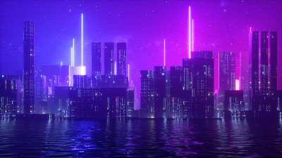 3d渲染，抽象的紫外线背景与城市摩天大楼霓虹灯照明。星空和水
