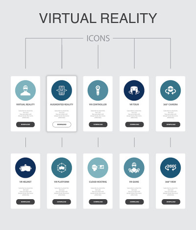 虚拟现实信息图10步UI设计。VR头盔，增强现实，360Â°视图，VR控制器简单图标