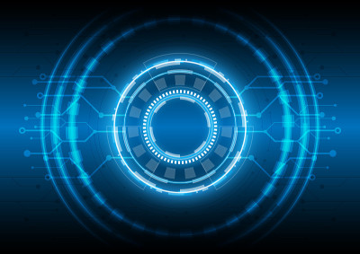 数据科学工程。未来科幻发光HUD用户。数字信息框架。摘要全息技术背景。虚拟现实技术电气创新