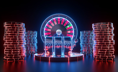 轮盘赌轮，老虎机和赌场筹码与霓虹灯- 3D插图