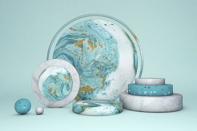 白色绿色大理石圆形底座的3d渲染孤立在粉彩背景