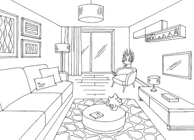 客厅图形黑白家居室内素描插图矢量