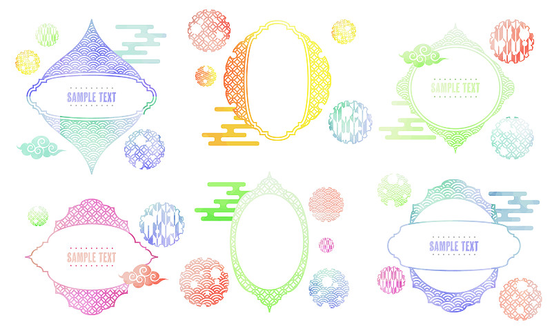 日本模式水彩框架边界标签矢量插图材料集