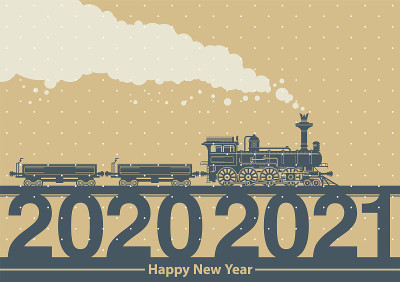有老式蒸汽火车的新年贺卡