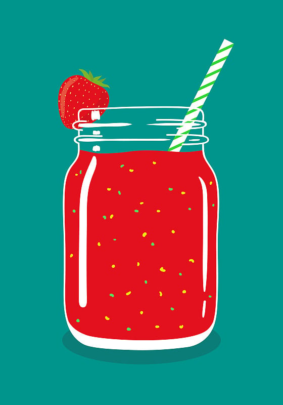 Red berry smoothie in mason jar with strawberry an