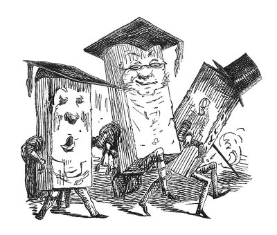 英国讽刺漫画漫画插图-三个人性化的砖与脸和毕业帽