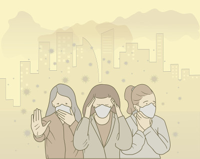 人们戴口罩避免空气污染的插图。手绘矢量涂鸦设计艺术风格