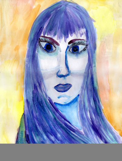 水彩素描抽象年轻女孩失望抑郁的脸与白皙的皮肤，蓝色的眼睛和葱郁的波浪浅紫色的头发在黄色的背景