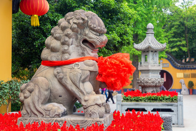中国上海龙华寺的守护狮子