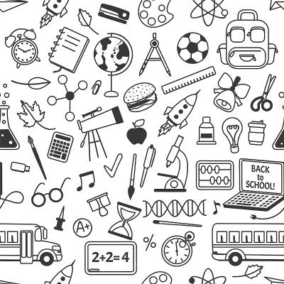 学校涂鸦无缝模式与学校文具。手绘科学，数学，地理元素。儿童学校教育背景