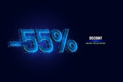由连接点制成的数字线框降价55%。假日折扣低多边形矢量插图在蓝色的背景。