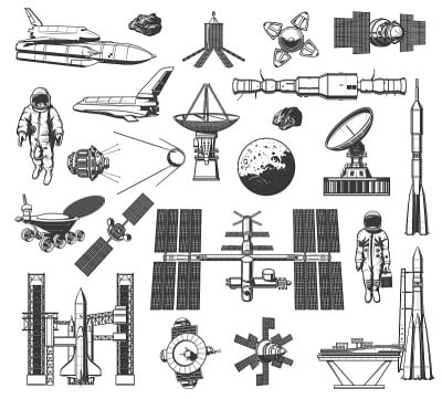 外太空探索单色矢量图标集