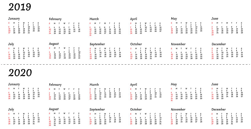 2019 - 2020日历年-插图。一周从星期天开始。美国标准