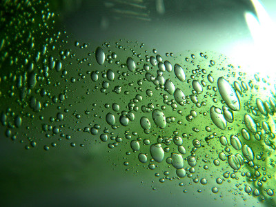 绿色的油滴在水中。不同大小的气泡在绿色抽象背景上