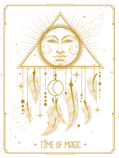 现代魔法魔法卡与捕梦网和太阳标志与人的脸。矢量图
