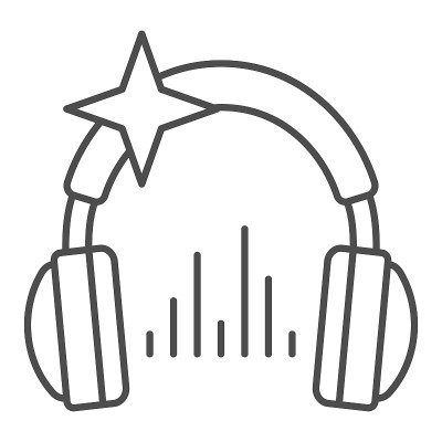 耳机与星和音乐声波细线图标，声音设计概念，耳机矢量标志在白色背景，轮廓风格图标的移动概念和网页设计。