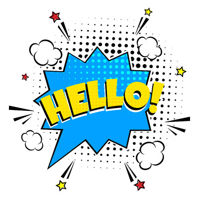 漫画字母语音气泡的情感与文本HELLO!漫画风格的平面设计。动态波普艺术插图孤立在白色背景。声音感叹