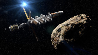 宇宙飞船接近小行星，矮行星任务，深空探索(3d科幻插图)