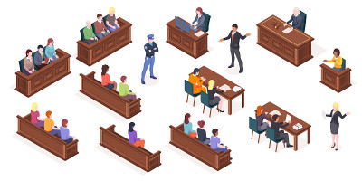 法庭聆讯和法庭审判，矢量孤立的图标法官和审判过程中的公正陪审团。法官、公诉人和辩护人律师与被告一起出