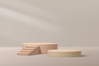 逼真的3D米色圆筒底座裙台设置楼梯和照明，阴影覆盖。矢量抽象工作室与几何平台。产品展示、促销展示的最