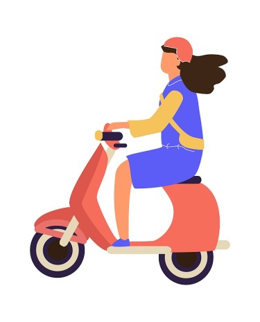 骑摩托车的女人。女性驾驶摩托车。城市电动交通工具。滑板车广告，送货服务。绿色环保技术。矢量城市车辆图