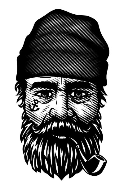 留着胡子，拿着烟斗的水手。矢量插图。