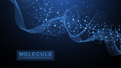 分子结构的背景。带有DNA分子的科学模板墙纸或横幅。了解科学分子背景。波流，创新格局。矢量插图。