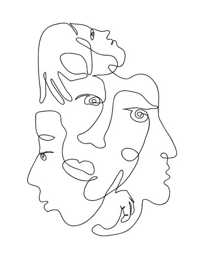 连续的手绘风格艺术。黑白抽象画，以人的身体部位为主体。纺织品、纸张、壁印艺术图案。当代线框单线艺术设