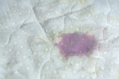 洒在床上的红酒湿迹。白床单上有红酒污渍。不幸,不幸的事件。