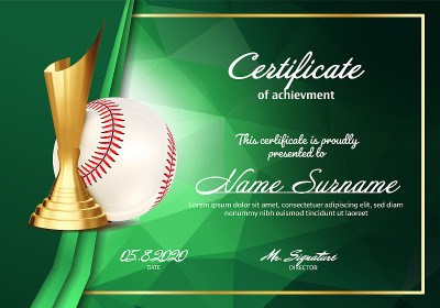Baseball Certificate Diploma With Golden Cup Vecto